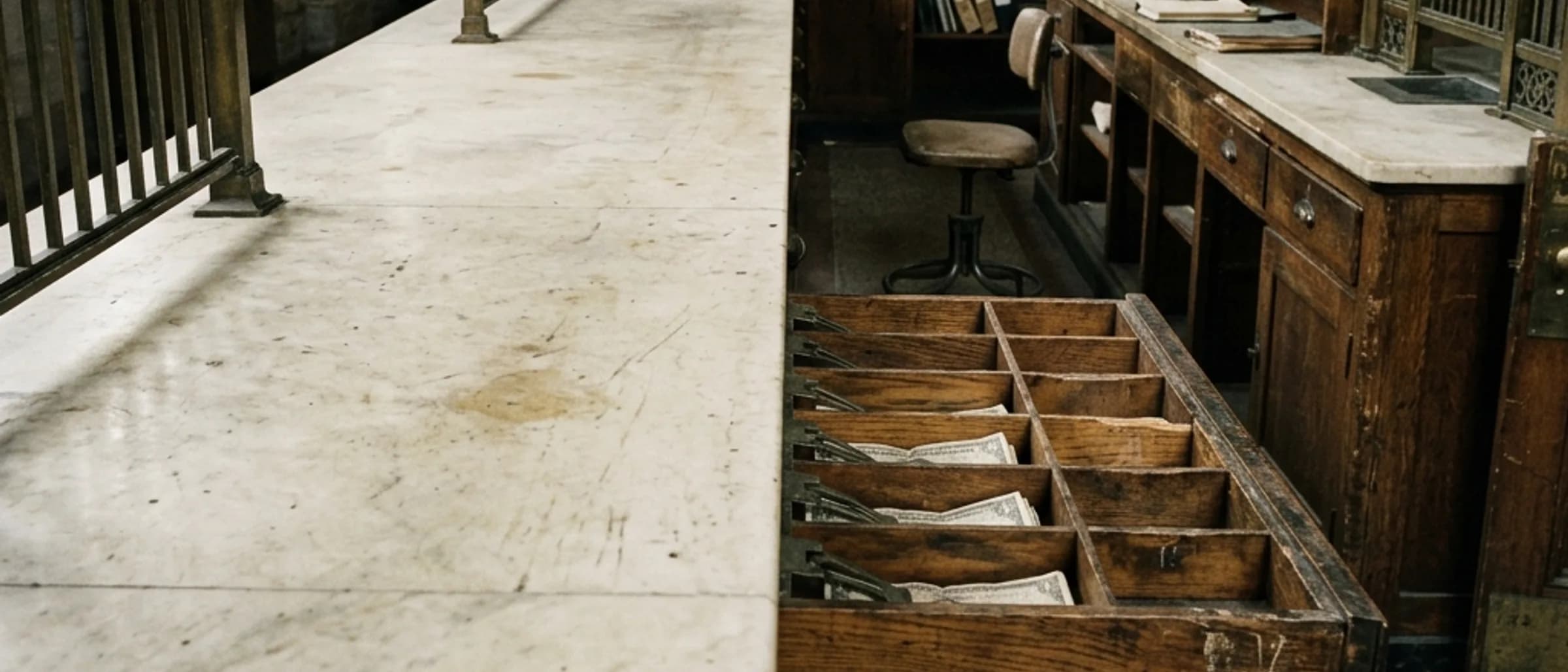 A grand marble teller counter in an old bank hall with brass grilles.